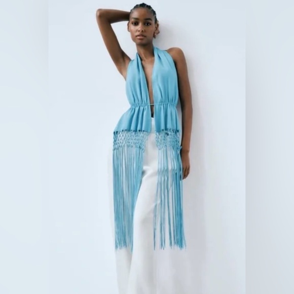 トップス FRINGE OPEN BLOUSE ZARA Blouse S FRINGE Top Shirt Western Silver Metallic Tab